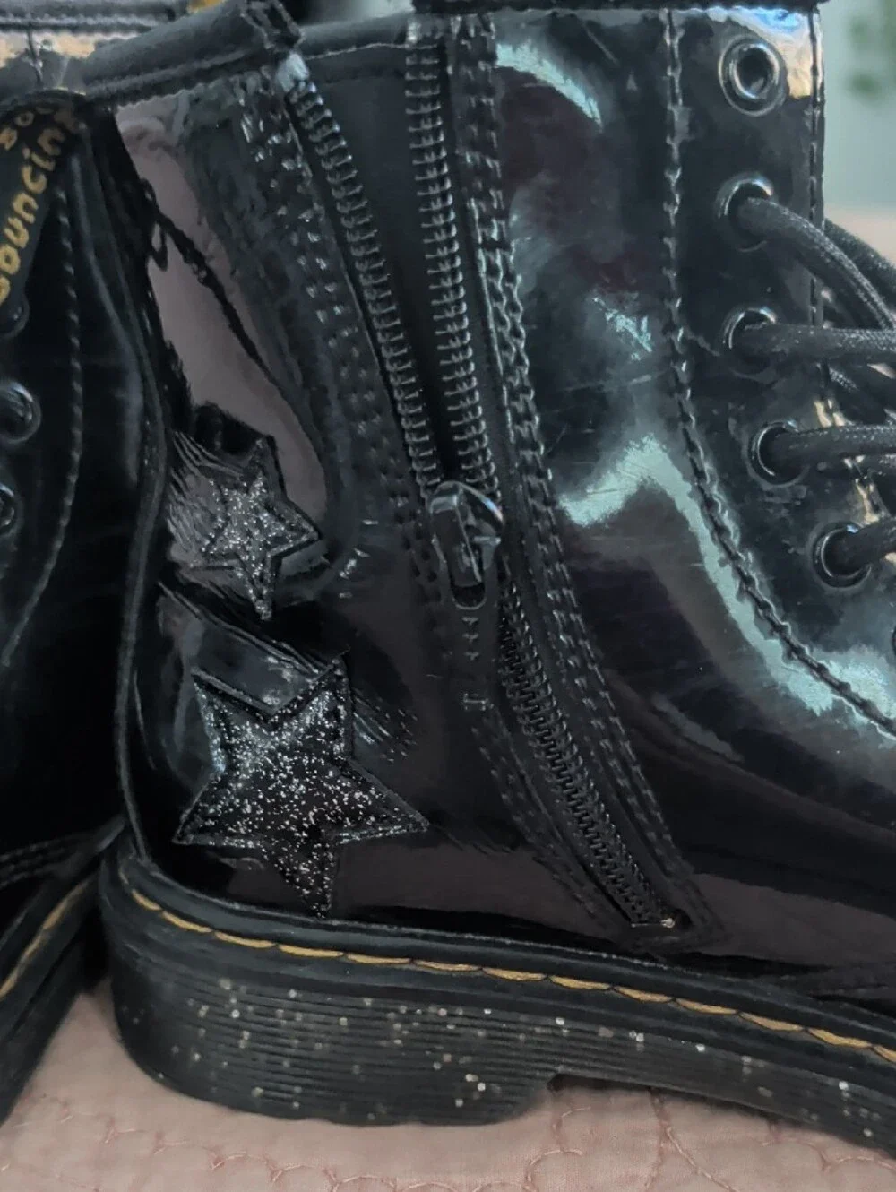 Dr. Martens Kids Black Patent Boots with Glitter Stars